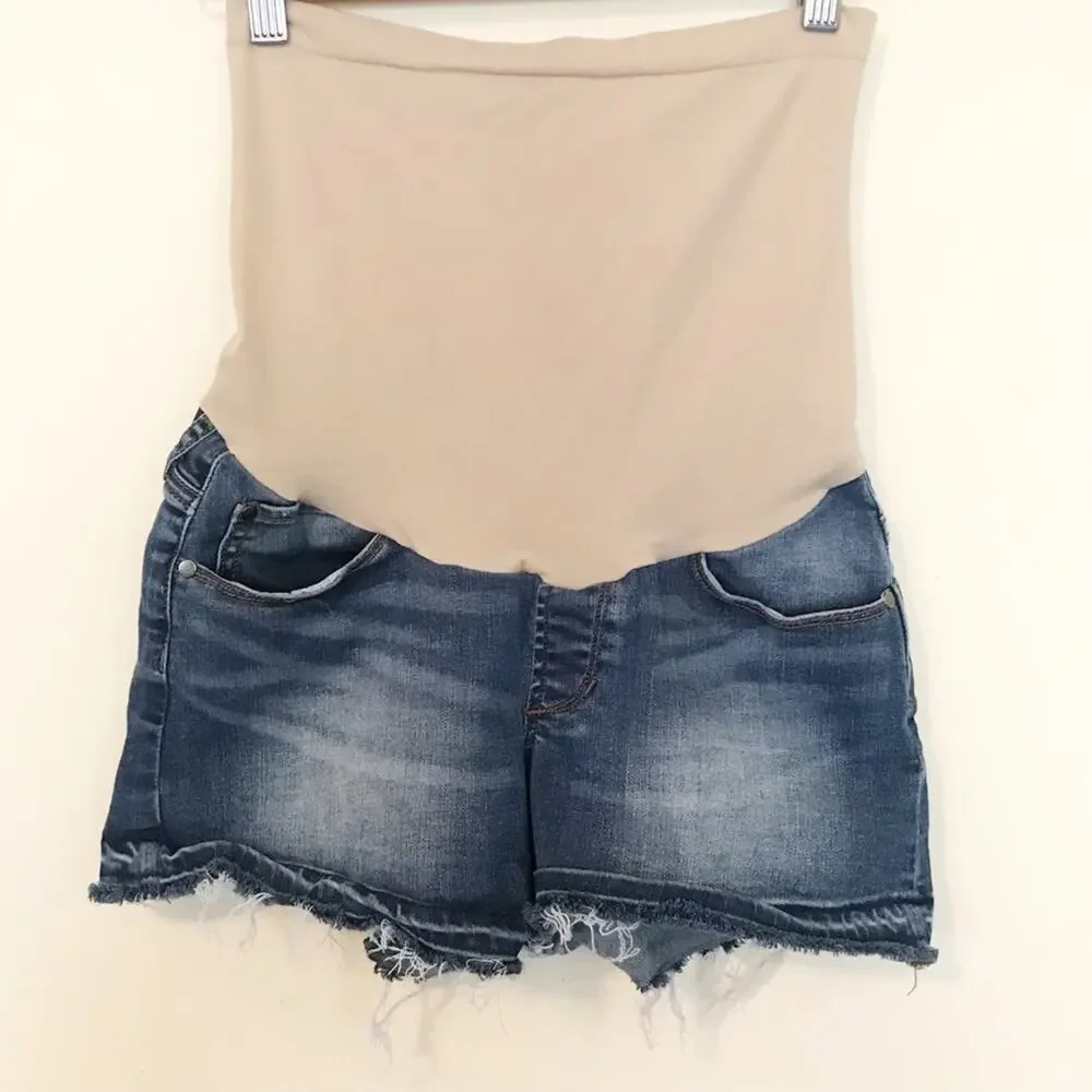 AOS distressed faded stretchy maternity full panel denim jean cutoff shorts S 26